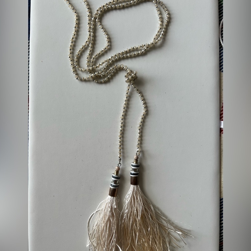 Vintage Off White Beaded Necklace Tassels 44 Inch